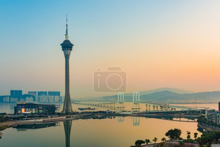 Cityscape of Macau Tower at sunset in China