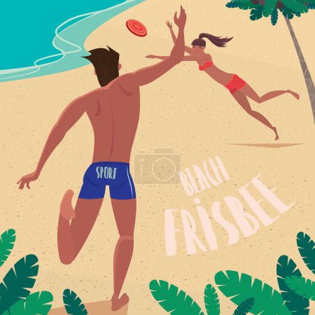 男孩和女孩掷对方飞碟在海