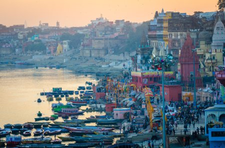 View Varanasi ghats Ganges River with evening