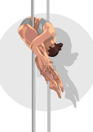 Pole dancer brunette girl hanging on the stave. Woman make a trick