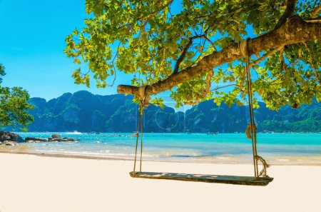 Swing hang from coconut tree over beach, Thailand