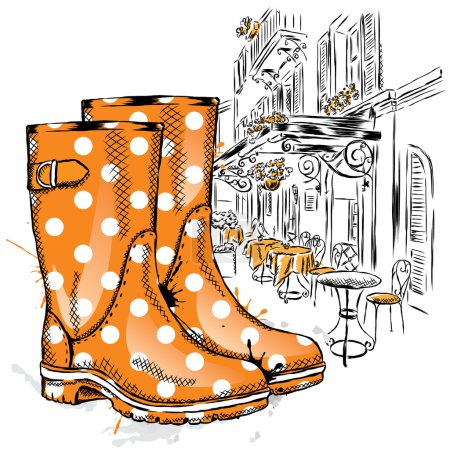 Rubber boots on a background of a city street. Vector illustration for greeting card, poster, or print on clothes. Fashion & Style. Vintage drawing.