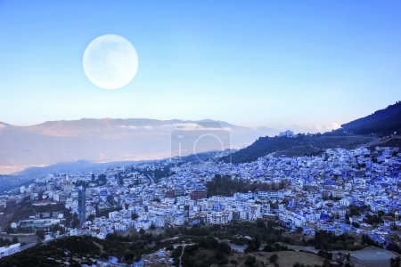 Sunrise in Blue Town Chefchaouen in Morocco . View from above.