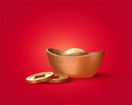 3d illustration gold ingot and coins isolated on red background, design elements for Chinese lunar year