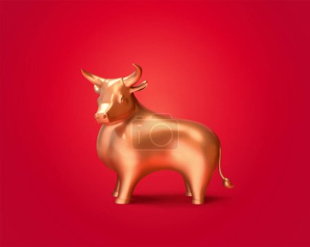 3d illustration of gold bull isolated on red background, cute statue for stock market or Chinese lunar year