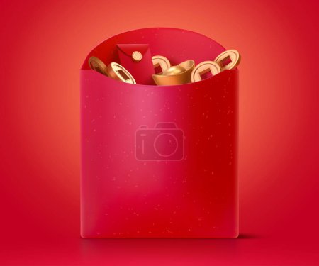 3d illustration of big red envelope filled with gold ingots and coins isolated on red background, suitable for Chinese new year decoration