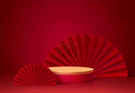 3d background template with the stage podium and red fans as the decoration, suitable for Asian products