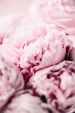 Wedding, birthday, anniversary bouquet. Pink peony flower on pastel background. Copy space. Trendy pastel floral composition. Woman day, Mother's day. Macro of peonies flowers.