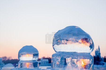 Ice balls at sunset in winter