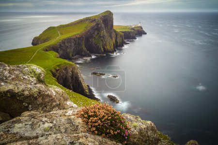 Neist point lighthouse on a cloudy day, Isle of Skye, Scotland, UK