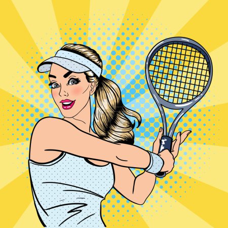 Woman Playing Tennis. Sportswoman with Racket. Healthy Lifestyle. Pop Art. Vector illustration