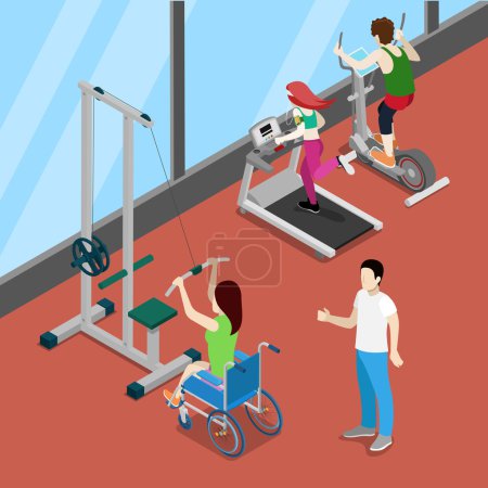 Disable Woman on Wheelchair Exercising in Gym. Disability Isometric People. Vector illustration