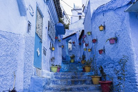 beautiful streets painted in blue city of Chefchaouen in northern Morocco