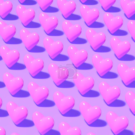 3d render of smooth purple plastic hearts. Pattern in minimalistic style. Design concept of Valentine's Day.