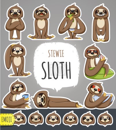 Cartoon Sloth Character. Emoticon Stickers