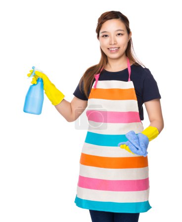 Housewife with rag and spray