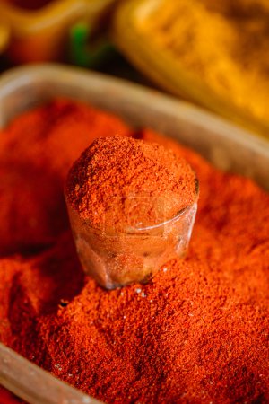 Close Of Powdered Cayenne Or Red Hot Chili Pepper On Sale At East Market,