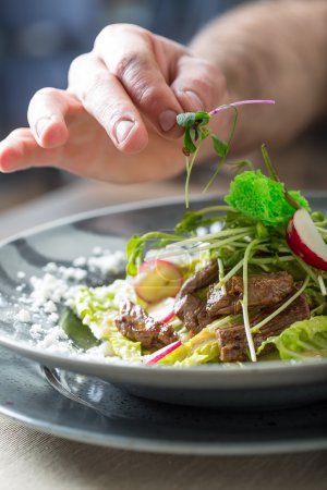 Chef in hotel or restaurant kitchen cooking, only hands. He is working on the micro herb decoration. Preparing vegetable salad with pieces of grilled chicken  meat - virgin sirloin