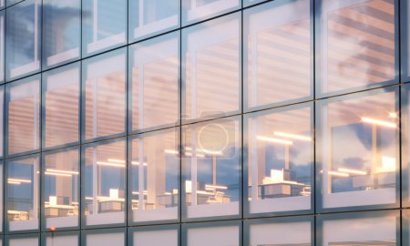 View of modern skyscraper. Modern office interior in night time. Panoramic windows facade background, contemporary business center. Empty meeting room. Real horizontal mockup,flares. 3d rendering