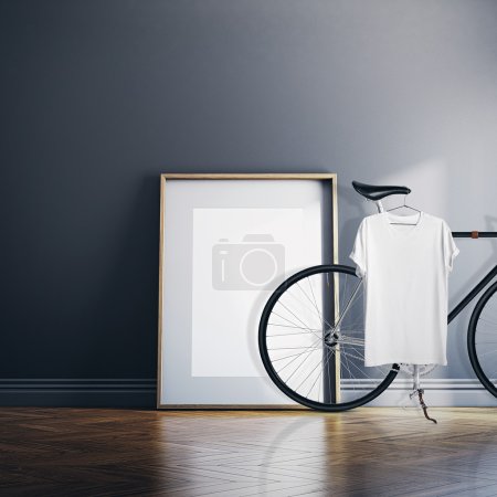 Photo Interior Modern Studio House with Classic bicycle.Empty White Canvas on Natural Wood Floor.Blank Tshirt hanging Bike. Horizontal mockup.