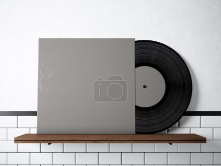 Photo vinyl music album template on natural wood bookshelf.White painted bricks wall background.Vintage style,high textured row materials.Gray blank disk cover. Horizontal. 3D rendering.