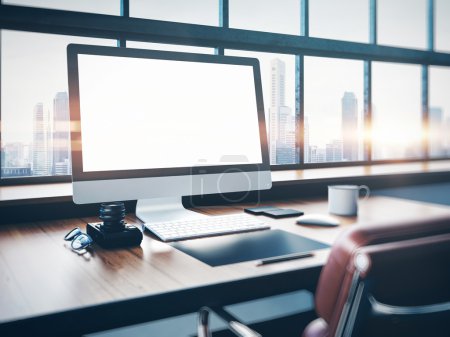 Photo of classic workspace with panoramic windows.  City at sunrise in the background. 3D rendering