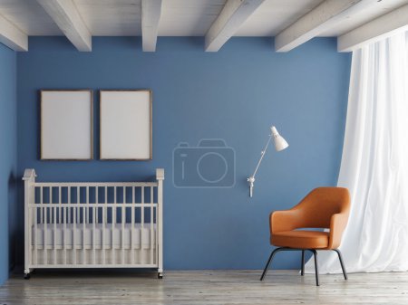 Baby room, mock up poster on  wall, 3d illustration