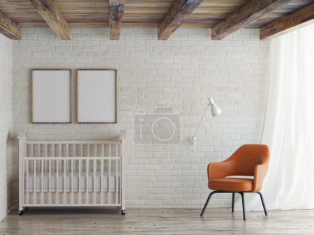 Baby room, mock up poster on  wall, 3d illustration