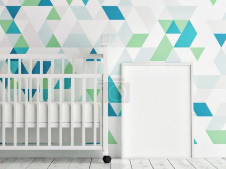 Baby room, mock up poster, triangle pattern wall, 3d render