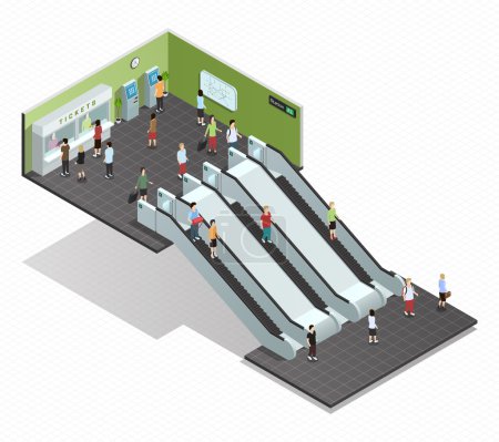 颜色等距组成描绘地铁入口地下楼梯自动扶梯矢量图        加入收藏