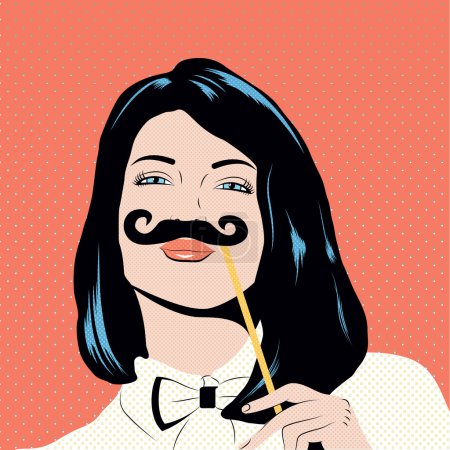 pop art illustration with girl holding mustache mask.