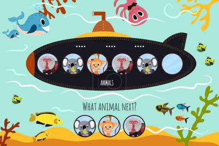 of colourful animals on submarine in the ocean among sea animals